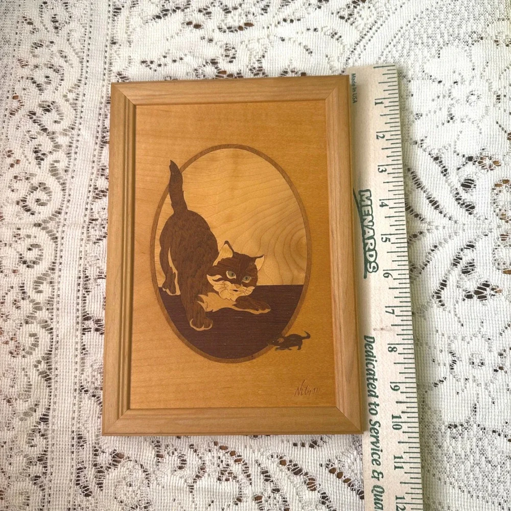 Hudson River Inlay Nelson Marquetry Wood Art Cat Mouse A Better Mousetrap 9x6